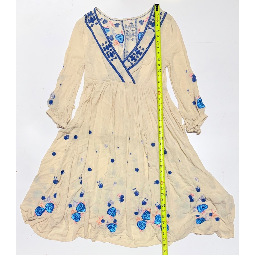Free People Floral Embroidered Midi Dress Cream Blue Boho V-Neck‎ Small OB467406